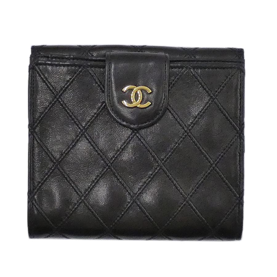 シャネル 財布 CHANEL ラムスキン マトラッセ CC ココマーク Wホック 二つ折り コンパクト財布 ブラック レディース 10069