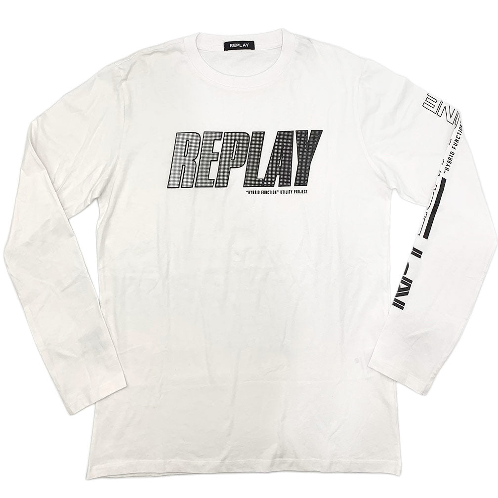 リプレイ Tシャツ M3492 REPLAY メンズ 長袖 丸首 ロゴ RPY EIGHTY ONE プリント ロングスリーブ ホワイト Lサイズ  05014 アウトレット 新品